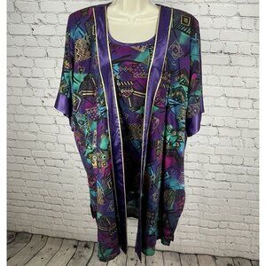 VTG FAD Purple Gold Retro Wearable Art Tunic Top Kimono Jacket Set USA Large L